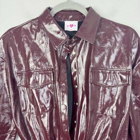 BUDDY LOVE | Maroon Snap Front Belted Faux Leather Jacket Women’s Size Large - Picture 3 of 10